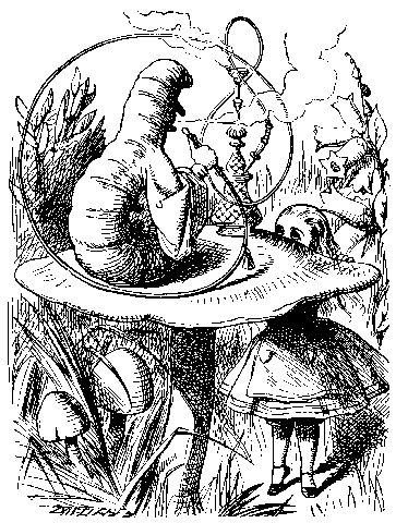 Alice looking up at the Caterpillar on his mushroom