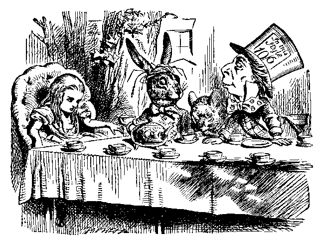 Alice at the tea table with the March Hare, Mad Hatter, and Dormouse